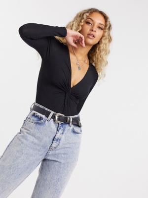 Topshop Long Sleeve Twist Front Bodysuit In Black