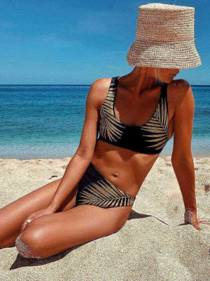 Shimmering Leaf Scoop Neck Brazilian Two Piece Bikini Swimsuit