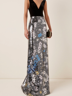 Velvet-paneled Sequined Chiffon Maxi Dress