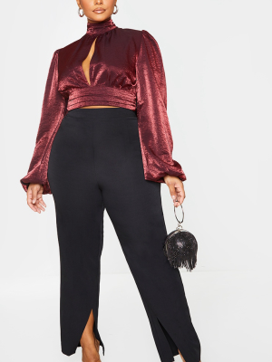 Plus Burgundy Satin Puff Sleeve Tie Waist Crop Top