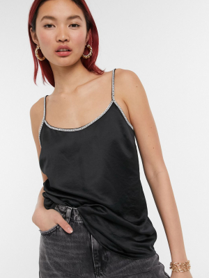 River Island Pearl Strap Satin Cami Top In Black