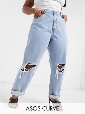 Asos Design Curve Recycled High Rise 'slouchy' Mom Jeans In Lightwash With Rips