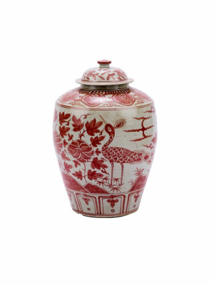 Coral Red Barn Jar Bird Motif Large