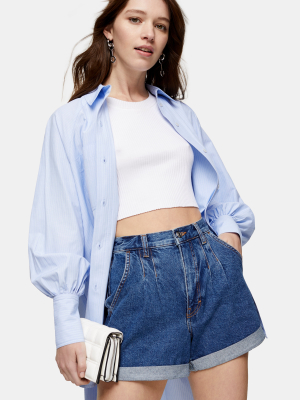 Rich Blue Pleated Roll Hem Mom Denim Shorts