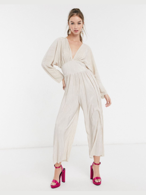 Asos Design Kimono Sleeve Plisse Jumpsuit In Cream