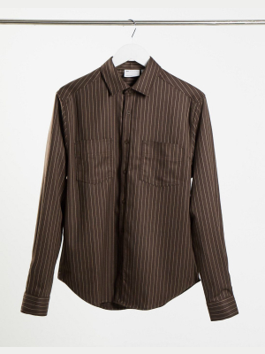 Asos Design Smart Pinstripe Overshirt In Brown