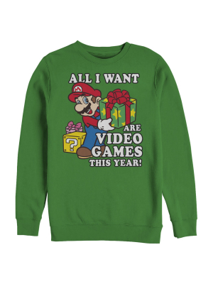 Men's Nintendo Christmas Mario All I Want Are Video Games Sweatshirt