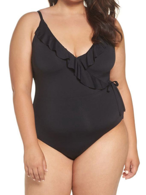 Plus Size Tied Side Ruffle Wrap V One Piece Swimsuit