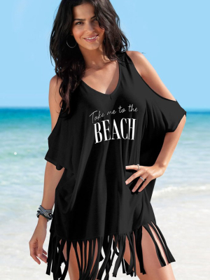 Basic Letter Printed Cold Shoulder Fringed Cover Up Dress