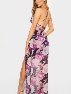 Multi Floral Print Strappy Lace Up Back Maxi Dress