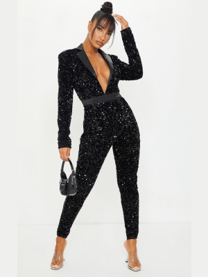 Black Premium Velvet Sequin Plunge Front...