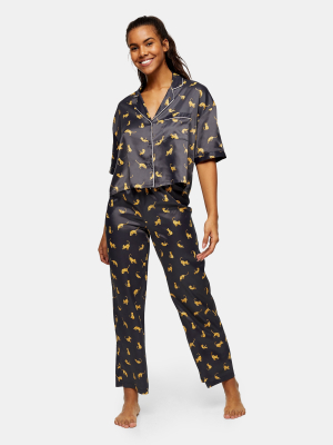 Black Cat Print Pajama Set