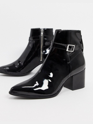 Asos Design Heeled Chelsea Boots With Pointed Toe In Black Patent Leather With Strap Detail