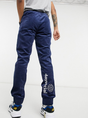 Asos Daysocial Cord Sweatpants In Navy With Embroidery