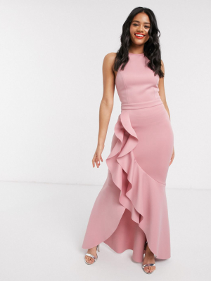 Lipsy X Abbey Clancy Halterneck Ruffle Maxi Dress In Blush Pink