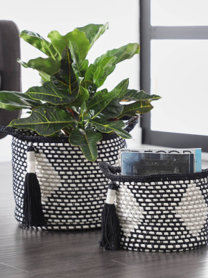Olivia & May Set Of 2 Large Round Cotton Rope Storage Baskets With Diamond Design And Decorative Tassels Black/white