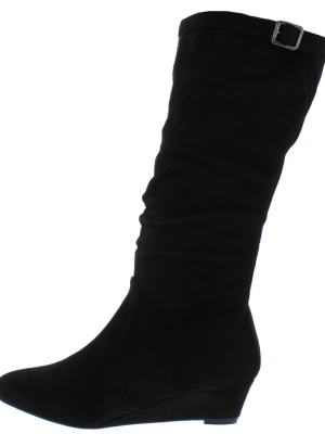 Frankie05 Black Knee High Almond Toe Wedge Boot