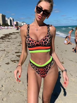 Neon Leopard Mesh Panel Brazilian Bikini Swimsuit - Two Piece Set