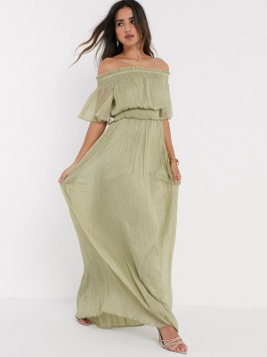 Asos Design Bardot Shirred Maxi Dress In Sage Green