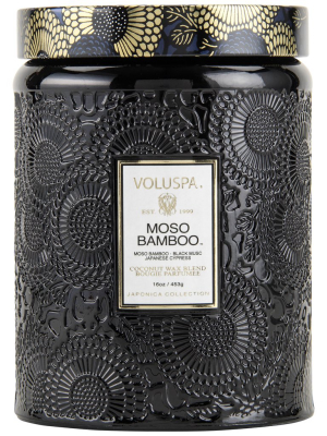 Large Embossed Glass Jar Candle In Moso Bamboo