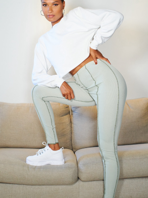 Sage Ribbed Contrast Seam Detail Leggings