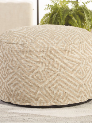 Fenne Indoor/outdoor Tribal Pouf In Taupe & White