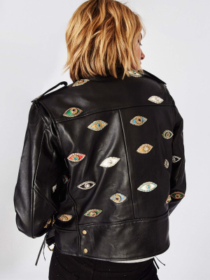 Evil Eye Embellished Leather Jacket