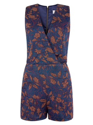 Blue Floral Wrap Pleated Playsuit