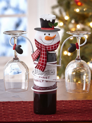 Lakeside Metal Holiday Snowman Wine Bottle And Glass Holder Stand Decoration