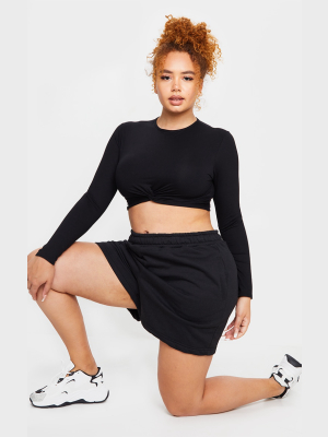 Plus Black Jersey Long Sleeve Knot Hem Crop Top