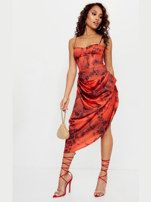 Petite Rust Acid Wash Tie Dye Ruched Side Midi...