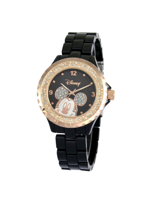 Women's Disney Mickey Mouse Bezel Enamel Sparkle Watch - Black