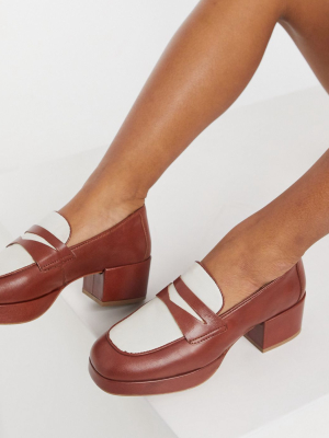 Asos Design Maximise Premium Leather Platform Loafers In Tan And Cream