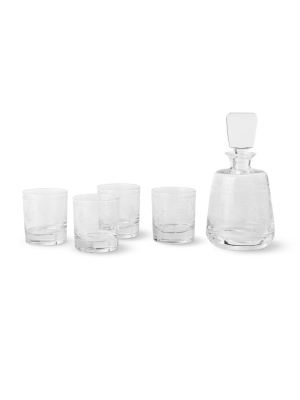 Vintage Etched Decanter & Double Old-fashioned Glasses, Set Of 4