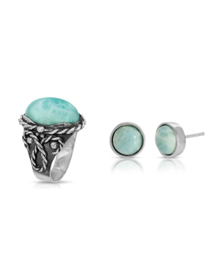 Larimar Braided Ring + Round Larimar Earrings