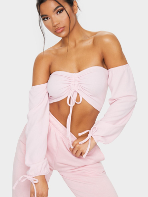 Baby Pink Ruched Detail Bardot Long Sleeve Crop...