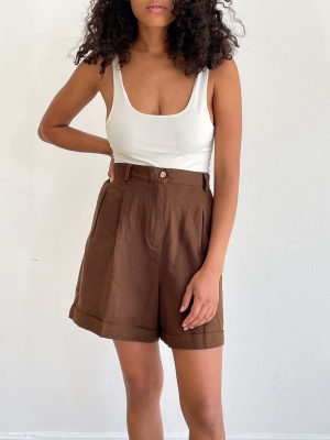 Chocolate Raw Silk Pleated Shorts