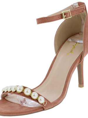 Lita63 Dusty Blush Suede Pu Pearl Stud Open Toe Short Heel