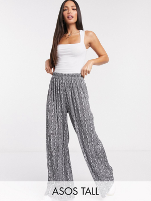 Asos Design Tall Plisse Wide Leg Pants In Animal Print