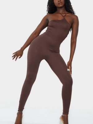 Chocolate Basic Double Strap One Shoulder Jumpsuit