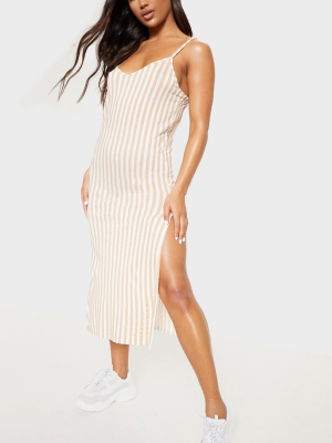 Camel Stripe Jersey Split Midi Dress