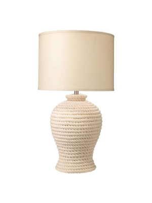 Poseidon Table Lamp In White Rope With Large Drum Shade In Stone Linen