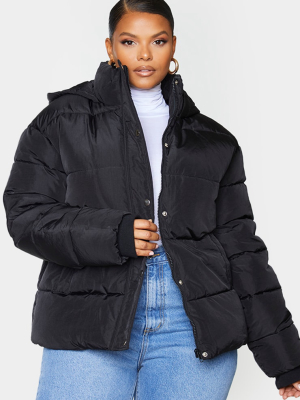 Plus Black Peach Skin Hooded Puffer Jacket