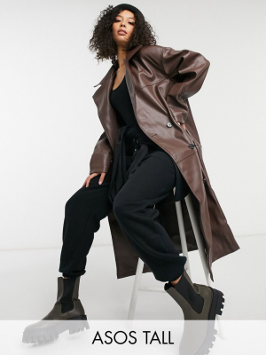 Asos Design Tall Leather Look Oversized Coat In Brown