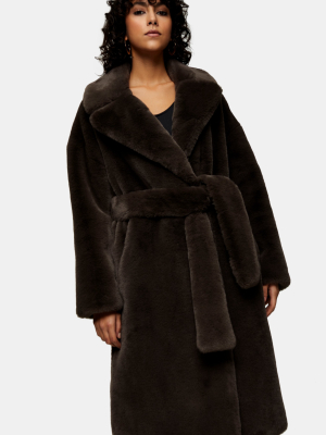 Charcoal Gray Belted Long Faux Fur Coat