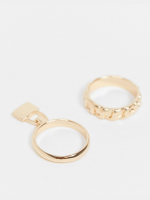 Designb Ring 2 Pack In Gold With Chain Design And Padlock Charm