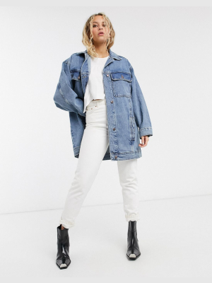 Topshop Super Oversized Denim Jacket In Mid Wash Blue