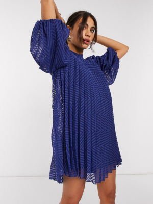 Asos Design Pleated Trapeze Mini Dress With Puff Sleeves In Dobby In Navy