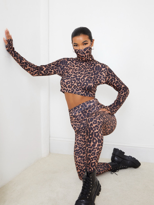 Brown Leopard Print Long Sleeve Crop Top With...