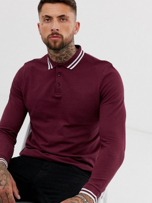 Asos Design Long Sleeve Tipped Pique Polo Shirt In Burgundy